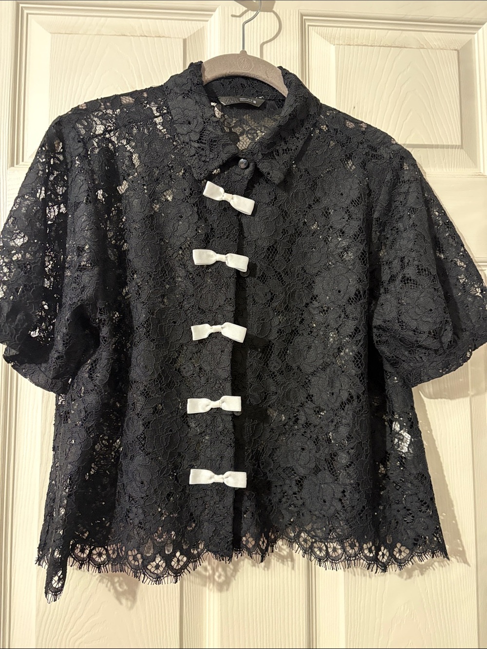Zara Black Lace Short-Sleeve Blouse with White Bow Closures